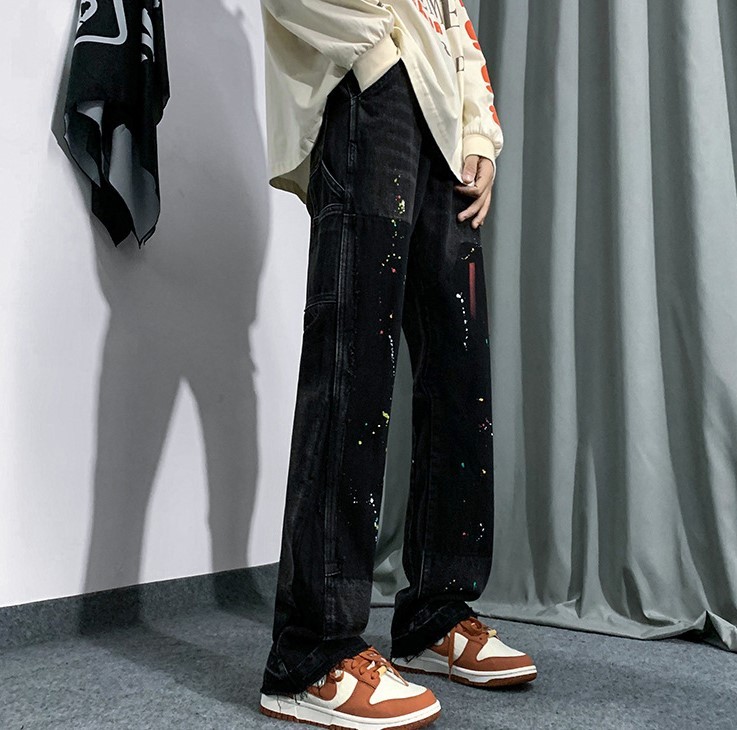 Color-block patterned trendy flared jeans