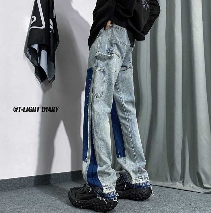 Color-block patterned trendy flared jeans