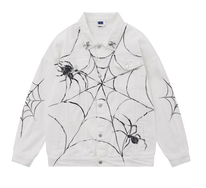 Hand drawn spider denim trend single breasted jacket