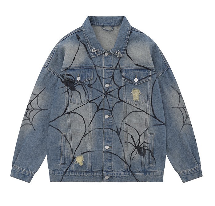 Hand drawn spider denim trend single breasted jacket
