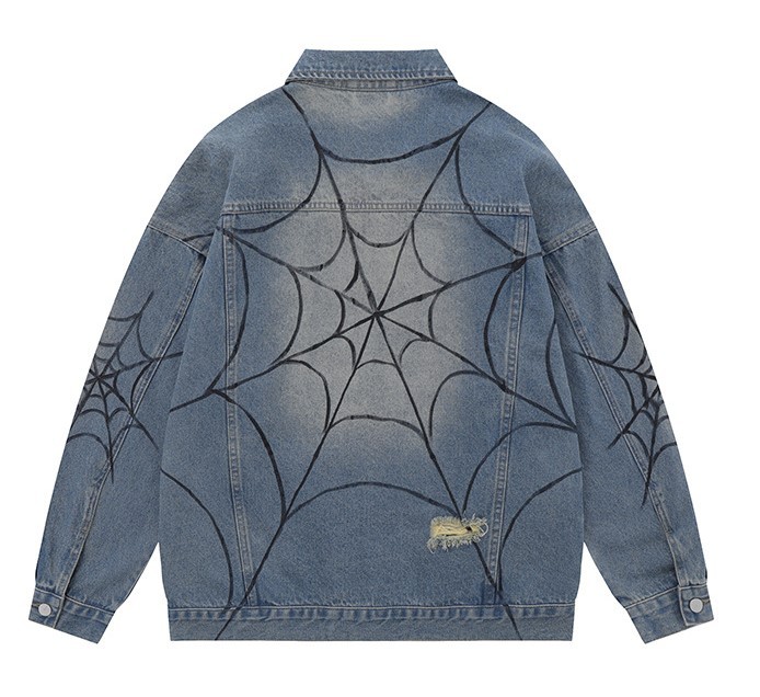 Hand drawn spider denim trend single breasted jacket