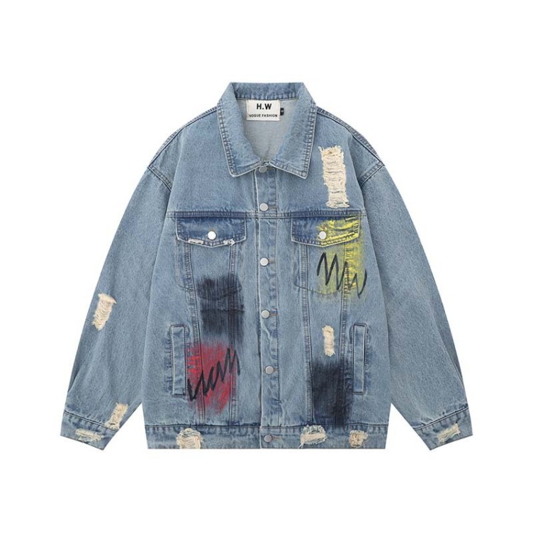 Spray painted hole loose trendy denim jacket