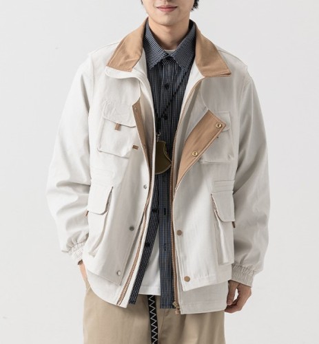 Fake Two Piece Multi Pocket Standing Collar Workwear Fashion Trendy Jacket
