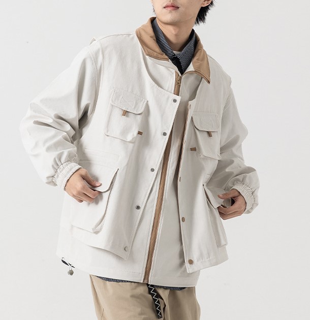 Fake Two Piece Multi Pocket Standing Collar Workwear Fashion Trendy Jacket
