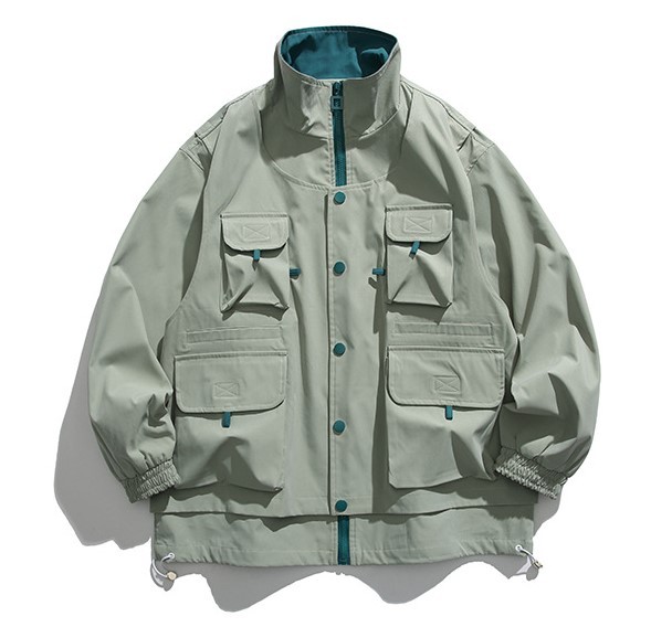 Fake Two Piece Multi Pocket Standing Collar Workwear Fashion Trendy Jacket