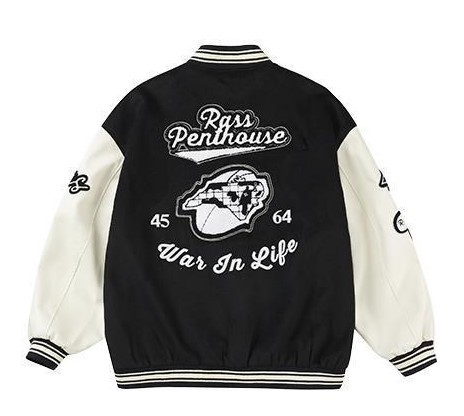 Embroidered Baseball Jersey Loose Panel Leather Sleeves Trendy Jacket