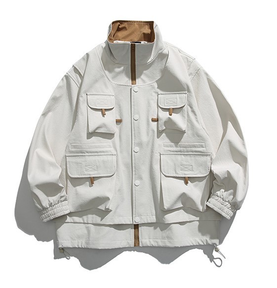 Fake Two Piece Multi Pocket Standing Collar Workwear Fashion Trendy Jacket