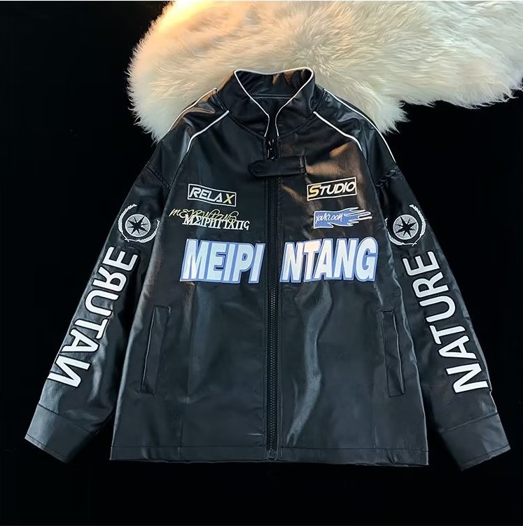 American leather jacket for men's standing collar motorcycle trend jacket
