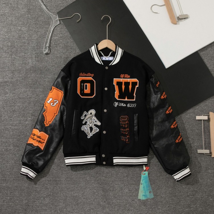 Embroidered patchwork leather baseball jacket with woolen fleece jacket