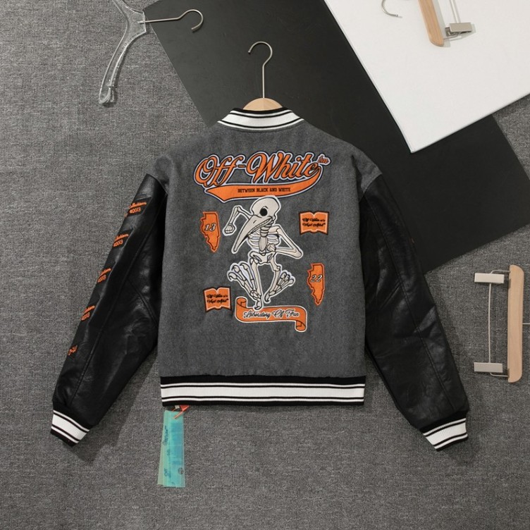 Embroidered patchwork leather baseball jacket with woolen fleece jacket