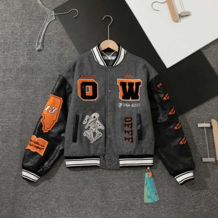 Embroidered patchwork leather baseball jacket with woolen fleece jacket