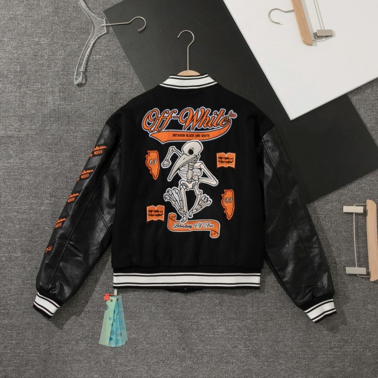 Embroidered patchwork leather baseball jacket with woolen fleece jacket