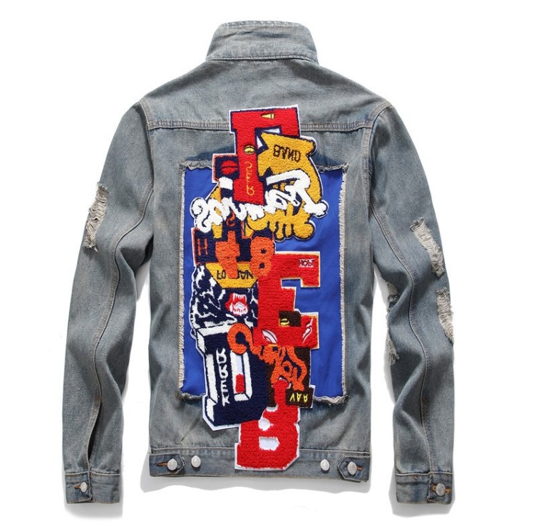 Fashionable slim fitting badge, national flag, bulletless lapel, trendy denim jacket