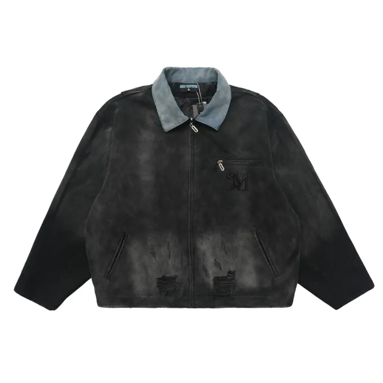 Broken jacket, trendy retro canvas work suit, contrasting lapel denim jacket