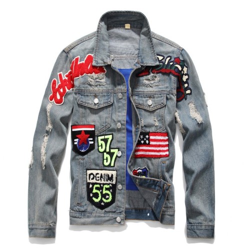 Fashionable slim fitting badge, national flag, bulletless lapel, trendy denim jacket