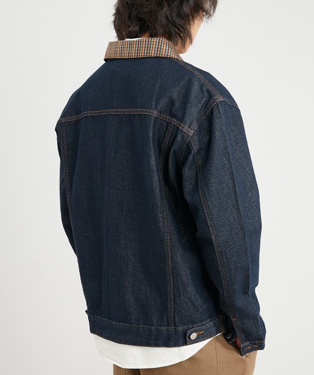 Plaid patchwork loose trend versatile casual work denim jacket