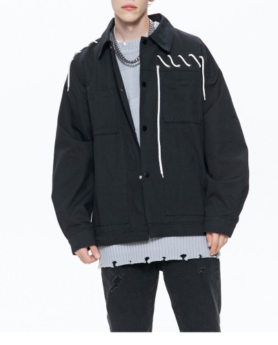 Drawstring Handsome Trendy Workwear Casual Standing Collar Flip Collar Jacket