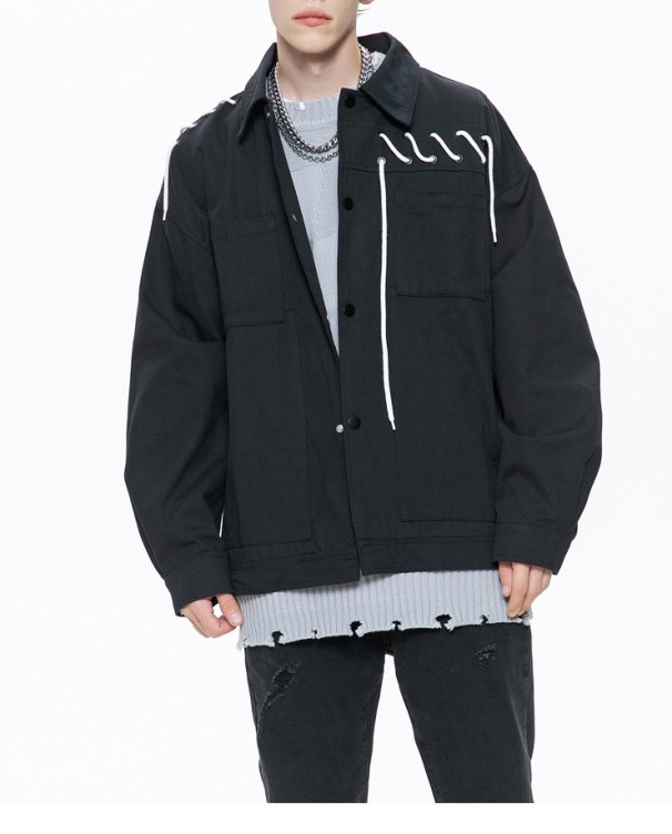 Drawstring Handsome Trendy Workwear Casual Standing Collar Flip Collar Jacket