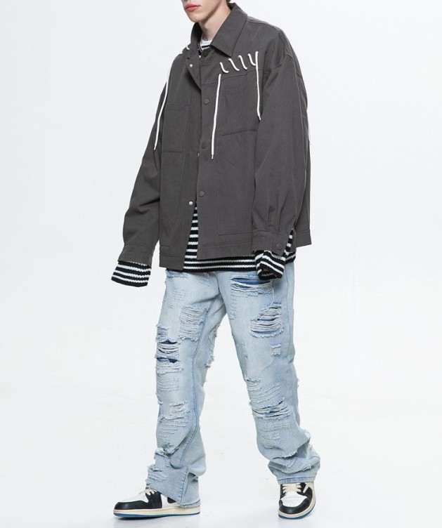 Drawstring Handsome Trendy Workwear Casual Standing Collar Flip Collar Jacket
