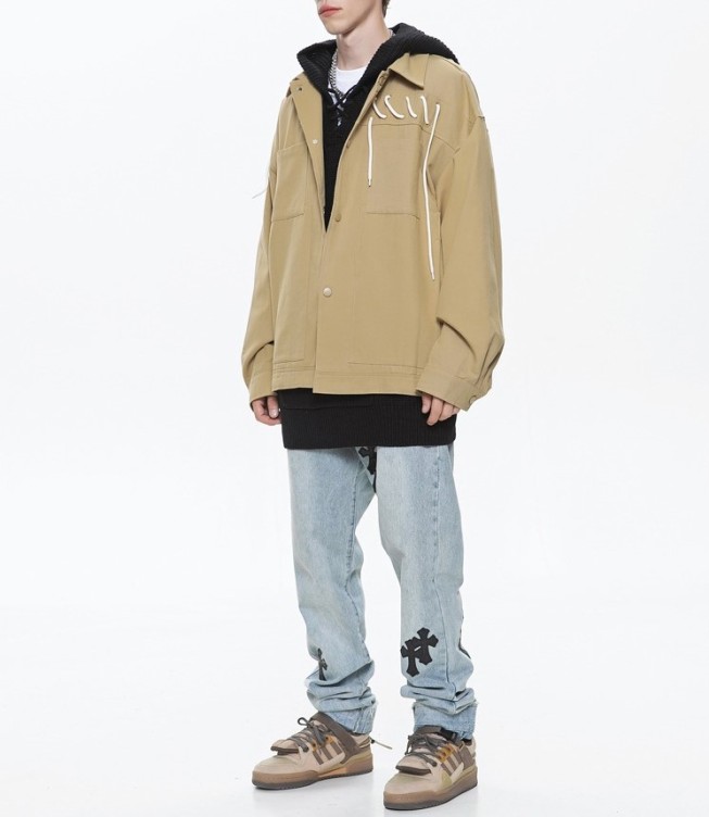 Drawstring Handsome Trendy Workwear Casual Standing Collar Flip Collar Jacket