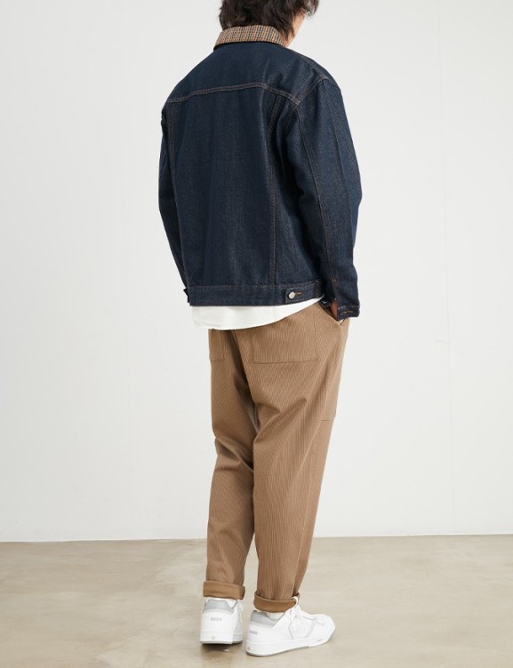 Plaid patchwork loose trend versatile casual work denim jacket