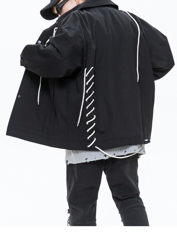 Drawstring Handsome Trendy Workwear Casual Standing Collar Flip Collar Jacket