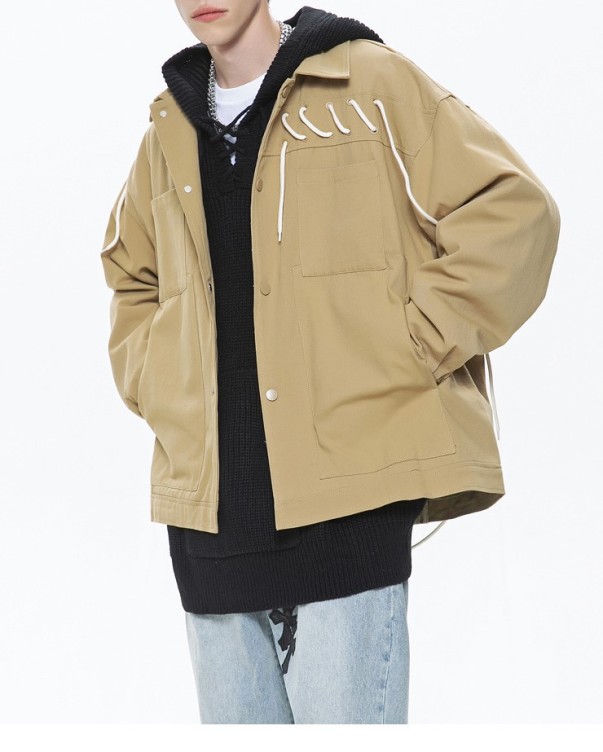 Drawstring Handsome Trendy Workwear Casual Standing Collar Flip Collar Jacket