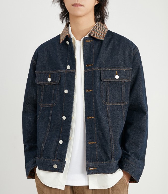 Plaid patchwork loose trend versatile casual work denim jacket