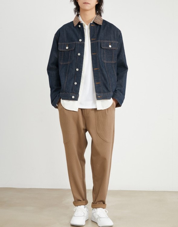 Plaid patchwork loose trend versatile casual work denim jacket