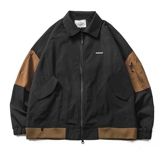 Retro contrasting color patchwork lapel with multiple pockets, casual and fashionable loose fitting trend jacket