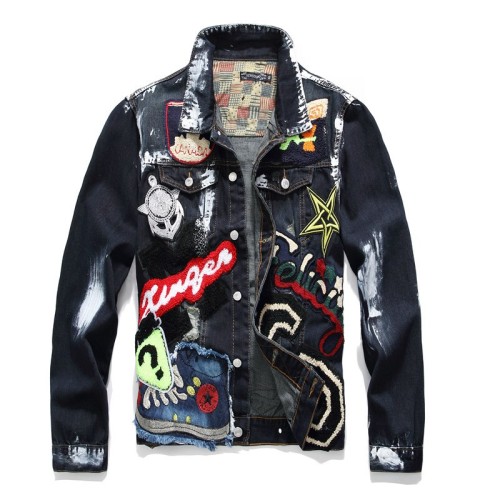 Fashion Style Slim Fit Beauty Badge Painted Polo Neck Denim Long Sleeve Jacket