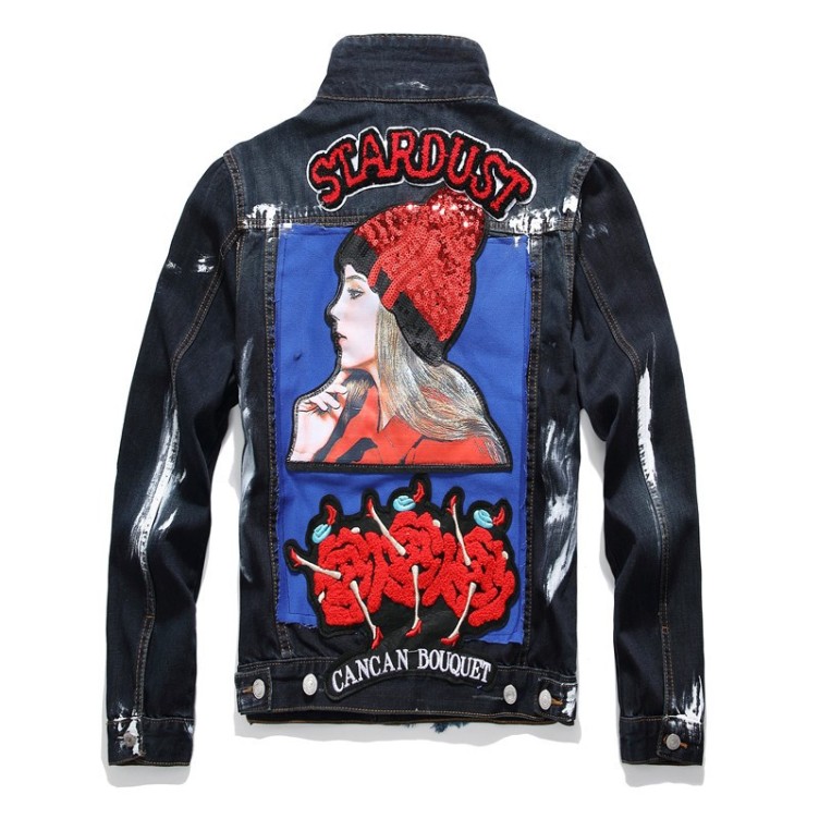 Fashion Style Slim Fit Beauty Badge Painted Polo Neck Denim Long Sleeve Jacket