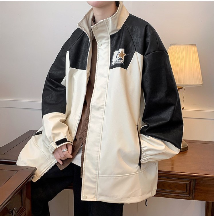 Stand up collar casual loose fitting work suit with contrasting color trend jacket