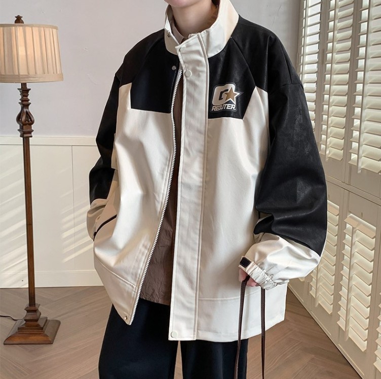 Stand up collar casual loose fitting work suit with contrasting color trend jacket