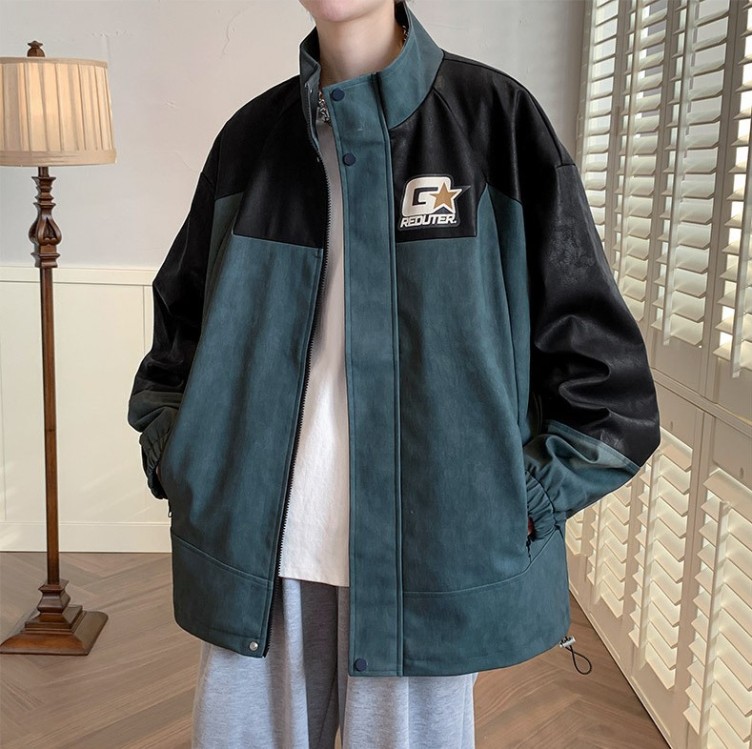 Stand up collar casual loose fitting work suit with contrasting color trend jacket