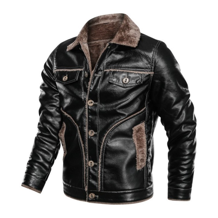 Leather lapel motorcycle leather plush and thickened fashionable jacket