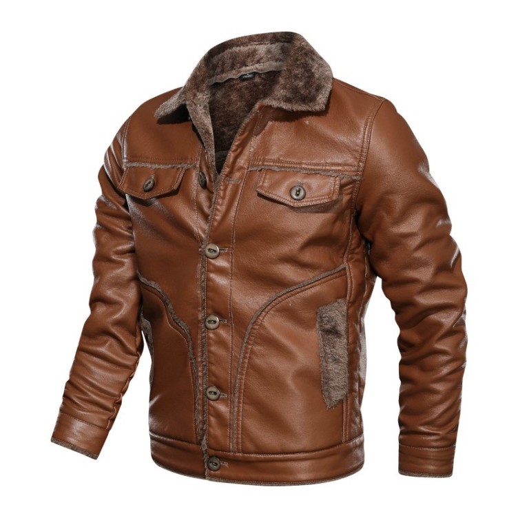 Leather lapel motorcycle leather plush and thickened fashionable jacket