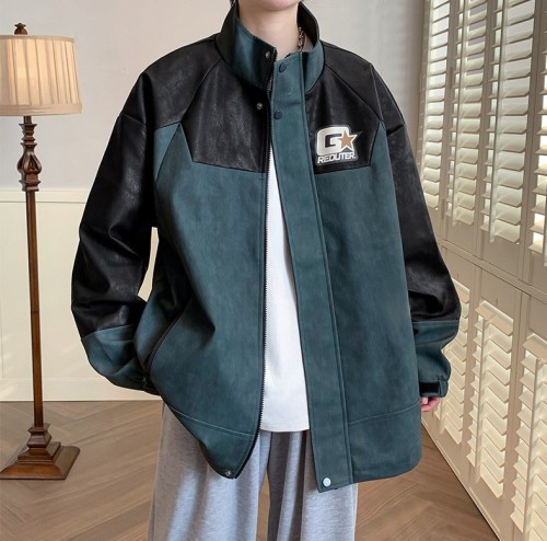 Stand up collar casual loose fitting work suit with contrasting color trend jacket