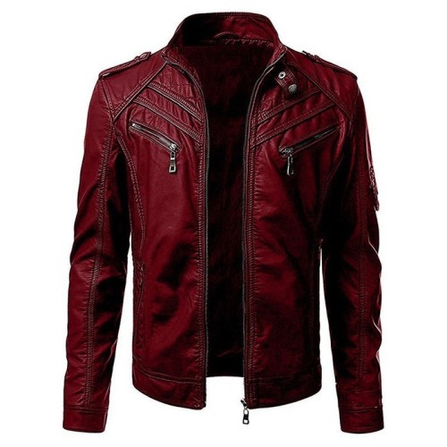 Casual leather patchwork stand collar fashion trend jacket