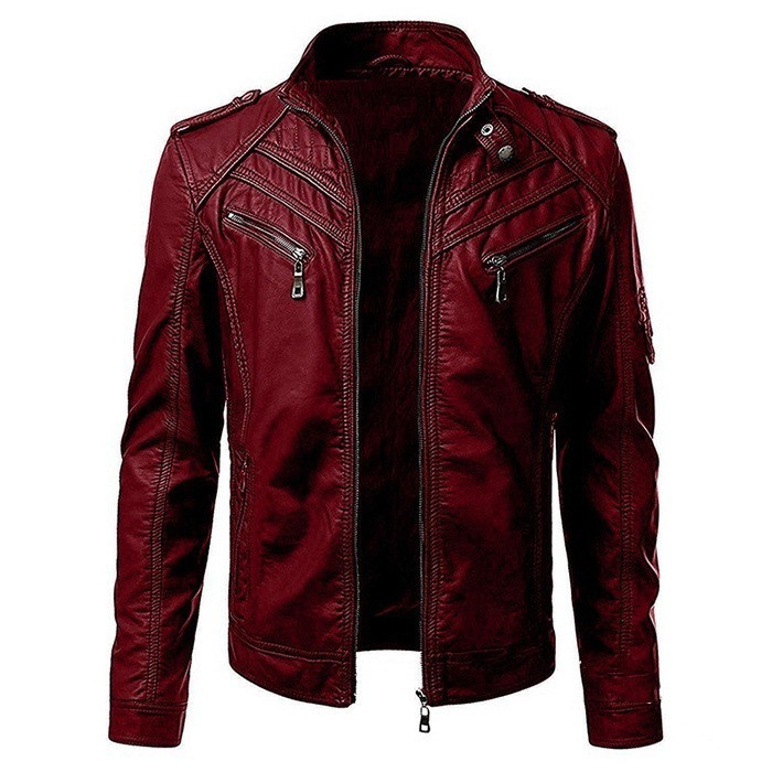 Casual leather patchwork stand collar fashion trend jacket