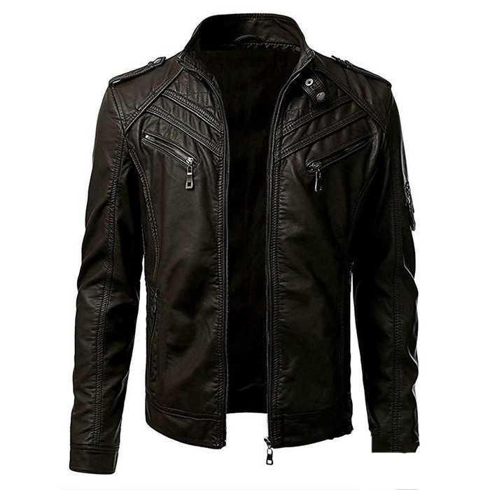 Casual leather patchwork stand collar fashion trend jacket