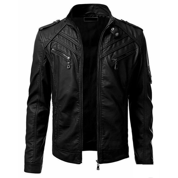 Casual leather patchwork stand collar fashion trend jacket