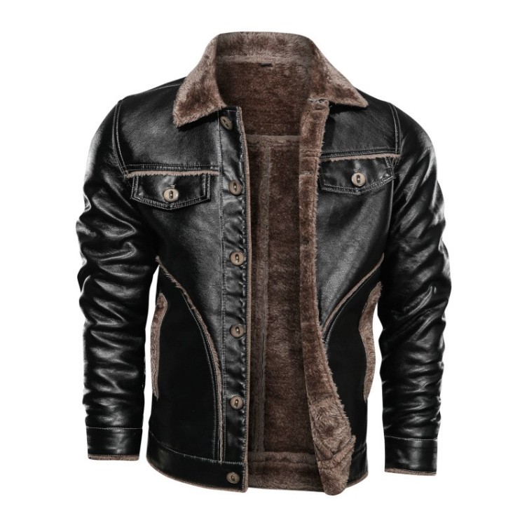 Leather lapel motorcycle leather plush and thickened fashionable jacket