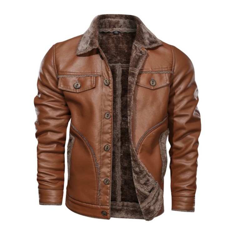Leather lapel motorcycle leather plush and thickened fashionable jacket