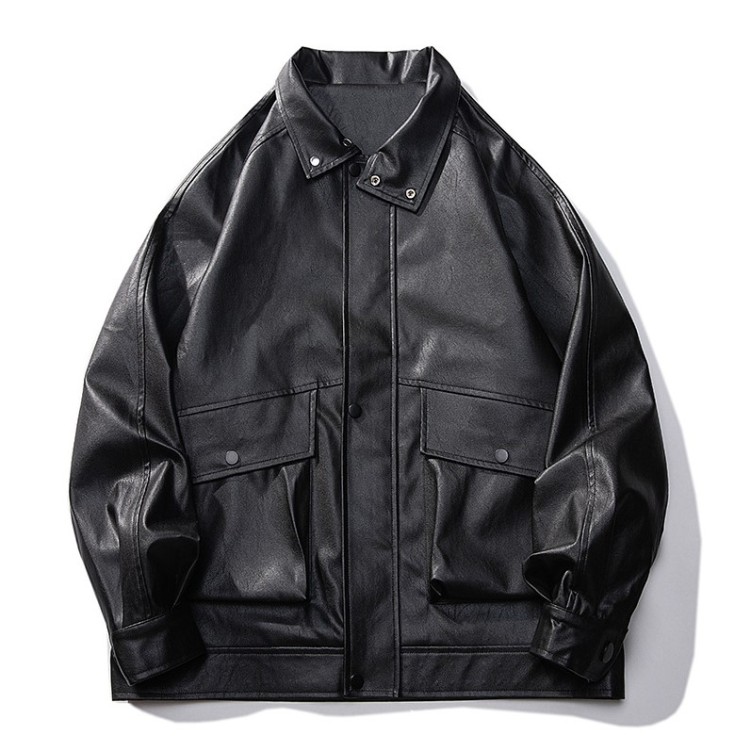 PU leather jacket versatile hip-hop minimalist pocket motorcycle suit trend loose casual jacket