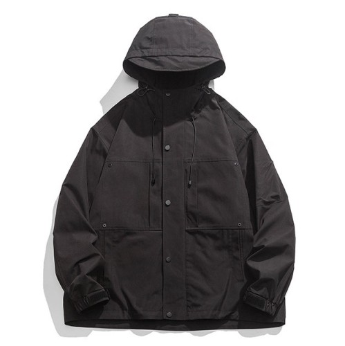 Solid colored work clothes, multiple pockets, hooded casual trend jacket