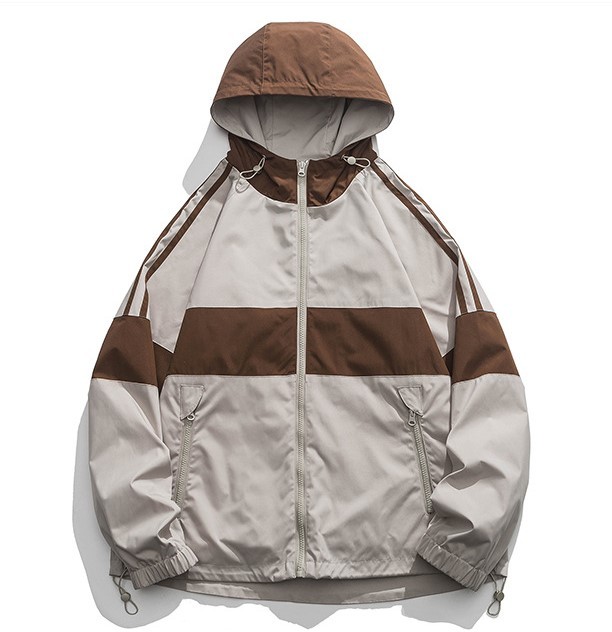 Color blocking zipper pocket hooded loose casual trend jacket