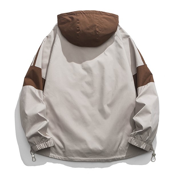 Color blocking zipper pocket hooded loose casual trend jacket