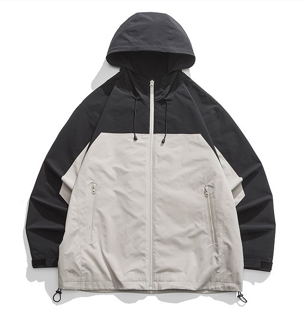Retro contrasting color patchwork zipper pocket hood trendy casual jacket