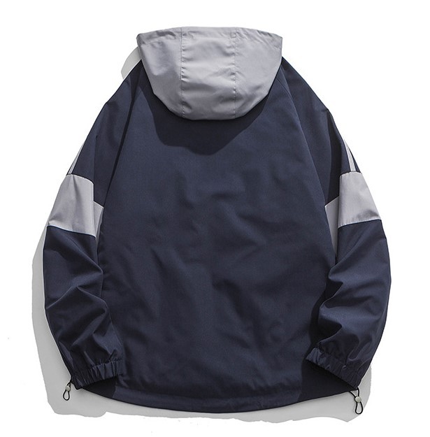 Color blocking zipper pocket hooded loose casual trend jacket